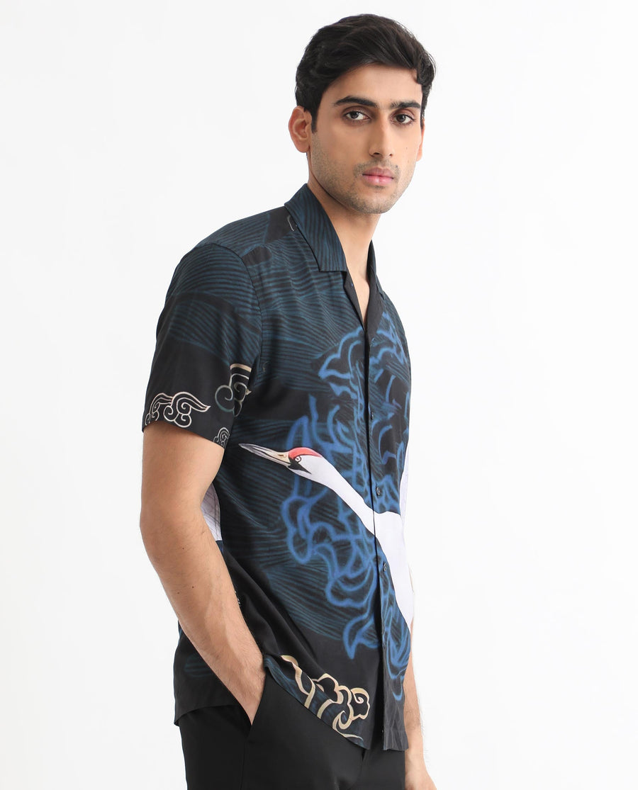 Rare Rabbit Men's Tobal Navy Viscose Animal Print Regular Fit Half Sleeve Cuban Collar Shirt