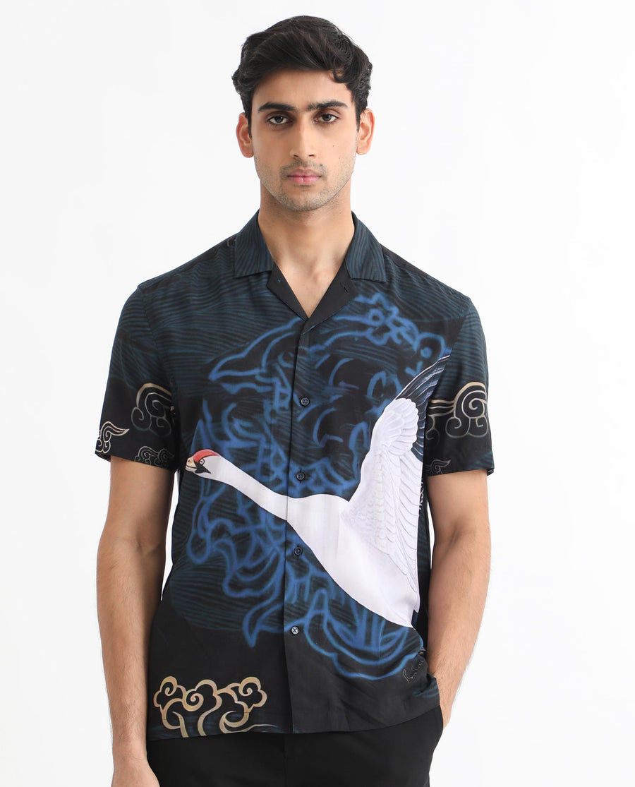 Rare Rabbit Men's Tobal Navy Viscose Animal Print Regular Fit Half Sleeve Cuban Collar Shirt
