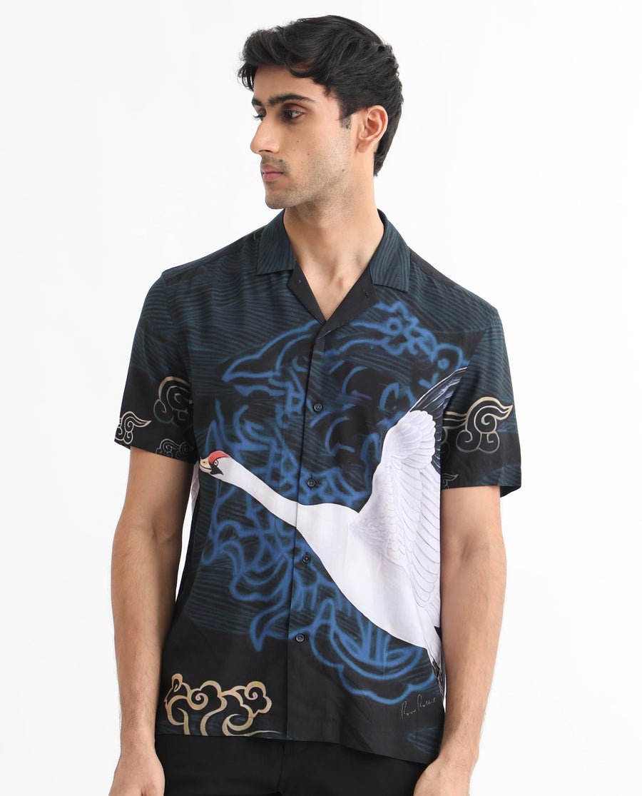 Rare Rabbit Men's Tobal Navy Viscose Animal Print Regular Fit Half Sleeve Cuban Collar Shirt