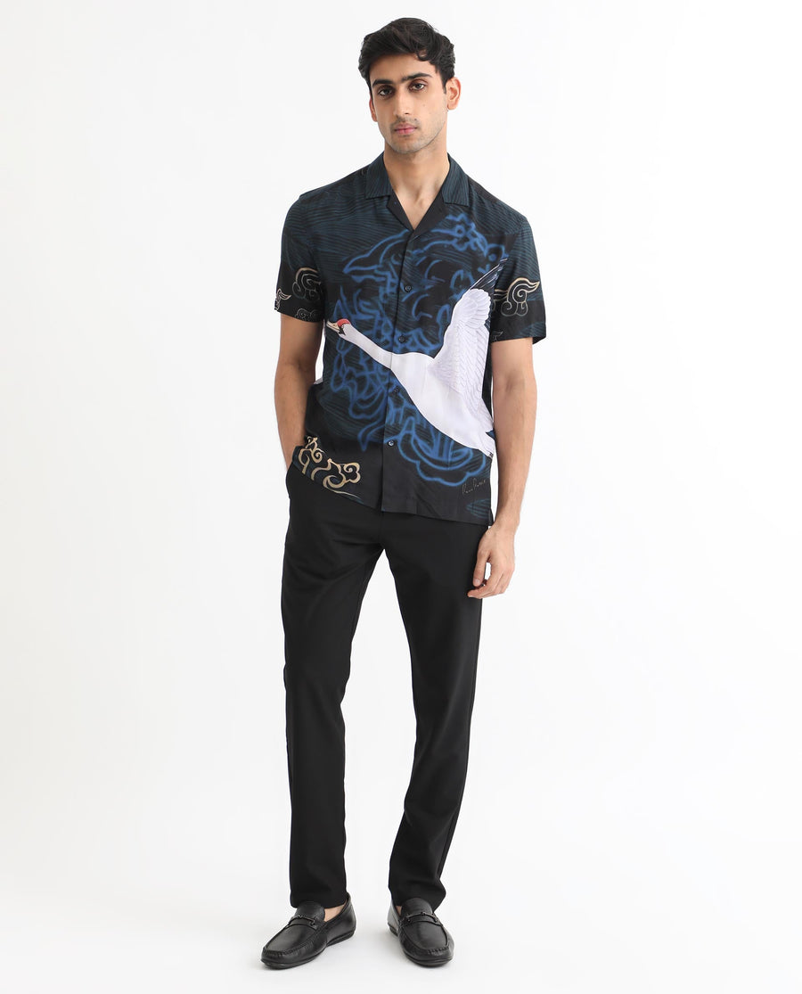 Rare Rabbit Men's Tobal Navy Viscose Animal Print Regular Fit Half Sleeve Cuban Collar Shirt