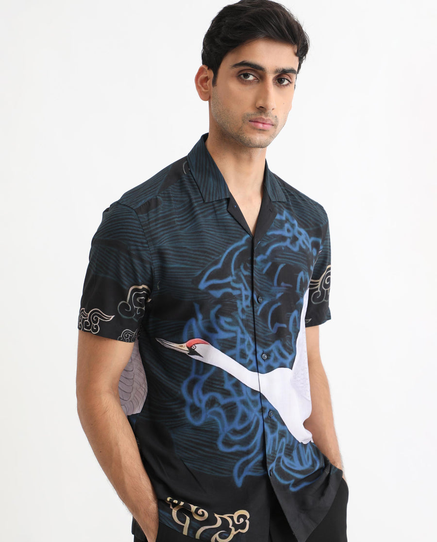Rare Rabbit Men's Tobal Navy Viscose Animal Print Regular Fit Half Sleeve Cuban Collar Shirt
