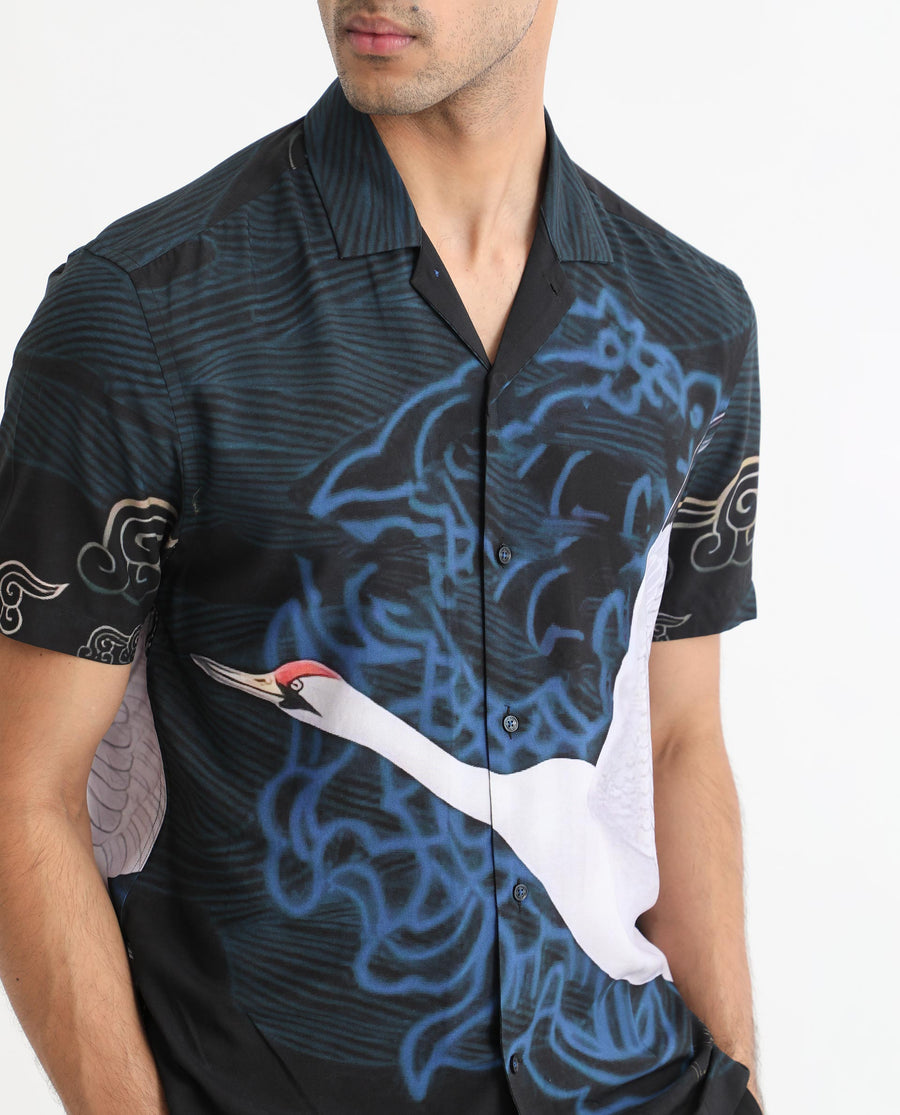 Rare Rabbit Men's Tobal Navy Viscose Animal Print Regular Fit Half Sleeve Cuban Collar Shirt