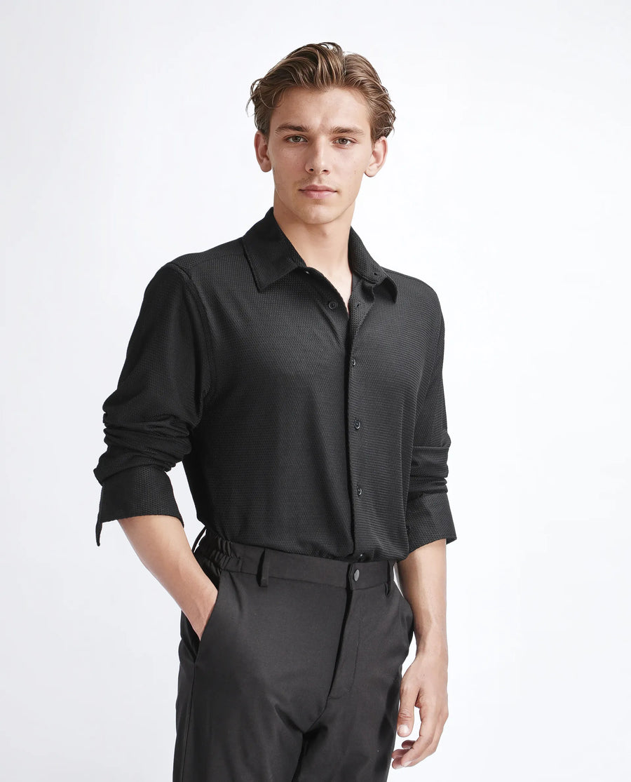 Rare Rabbit Men's Tobbit Black Cotton Textured Regular Fit Full Sleeve Collared Shirt