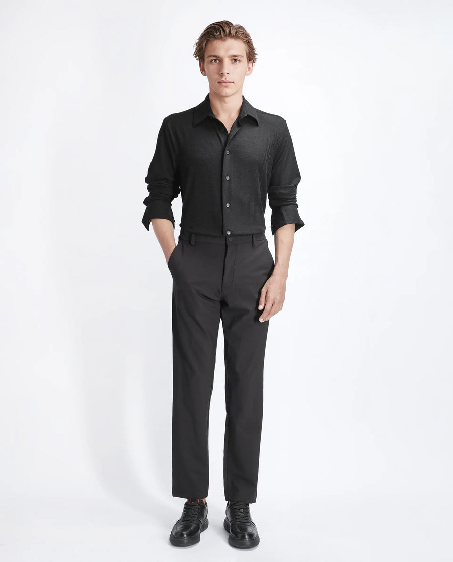 Rare Rabbit Men's Tobbit Black Cotton Textured Regular Fit Full Sleeve Collared Shirt