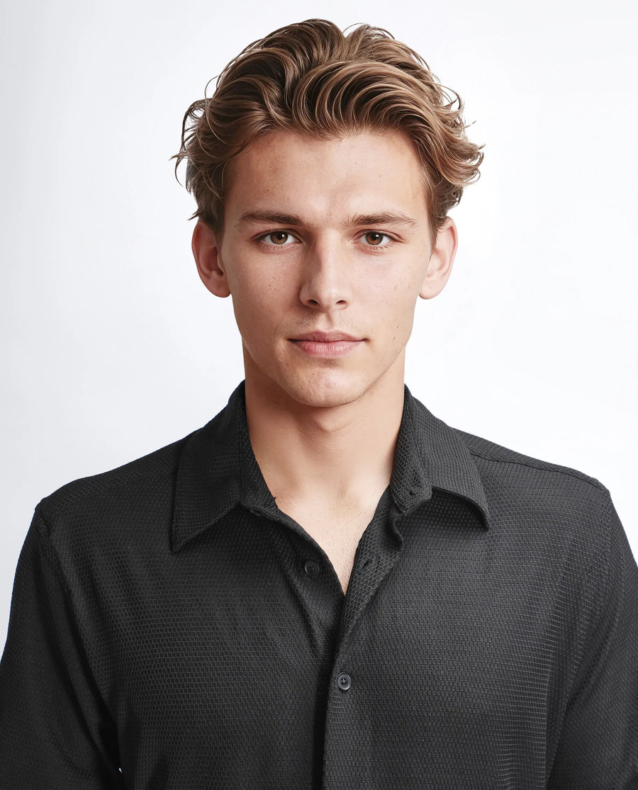 Rare Rabbit Men's Tobbit Black Cotton Textured Regular Fit Full Sleeve Collared Shirt
