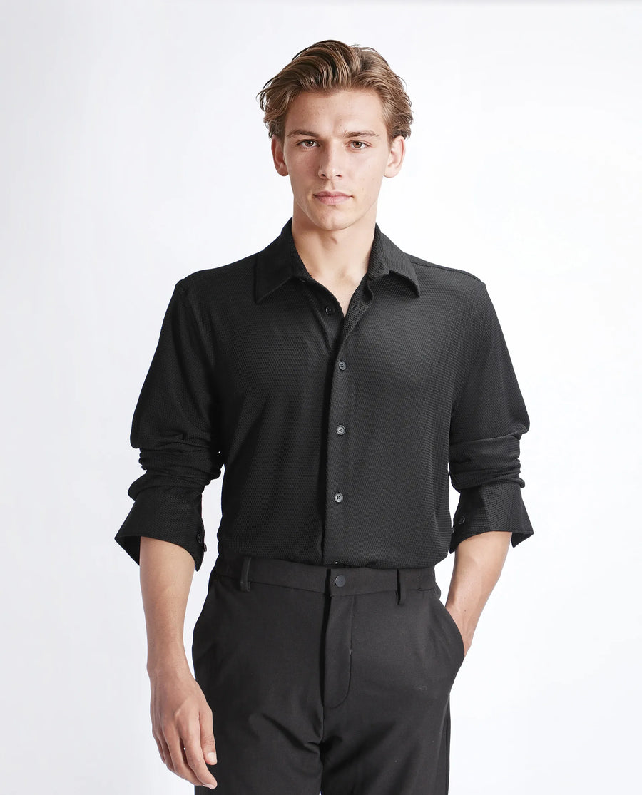 Rare Rabbit Men's Tobbit Black Cotton Textured Regular Fit Full Sleeve Collared Shirt