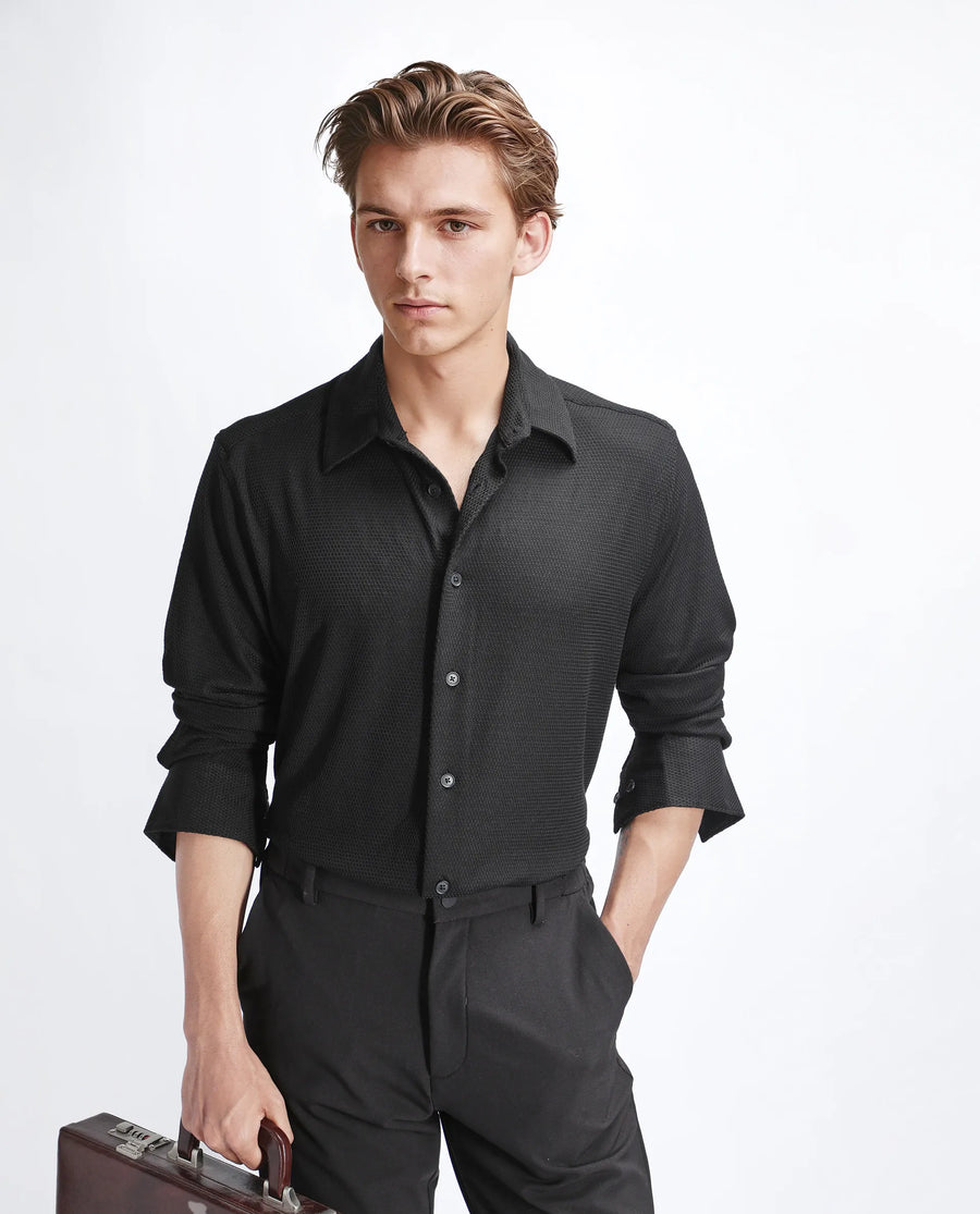 Rare Rabbit Men's Tobbit Black Cotton Textured Regular Fit Full Sleeve Collared Shirt