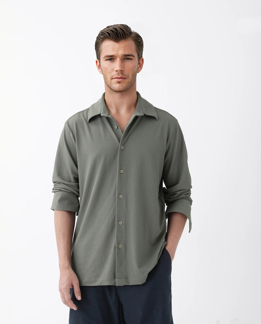 Rare Rabbit Men's Tobbit Olive Cotton Textured Regular Fit Full Sleeve Collared Shirt