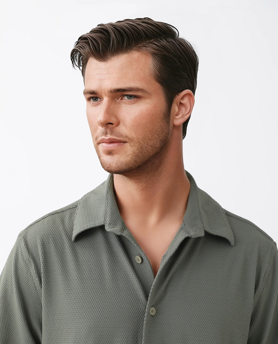 Rare Rabbit Men's Tobbit Olive Cotton Textured Regular Fit Full Sleeve Collared Shirt