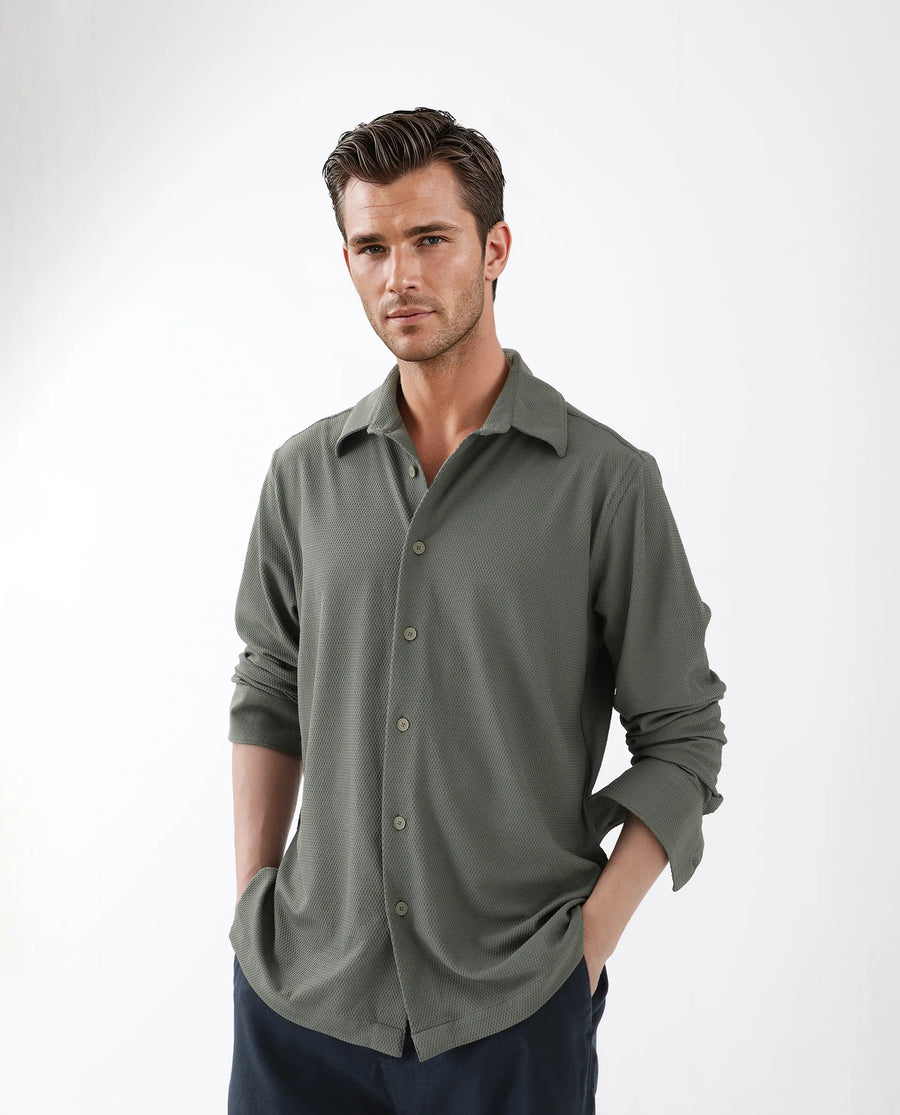 Rare Rabbit Men's Tobbit Olive Cotton Textured Regular Fit Full Sleeve Collared Shirt