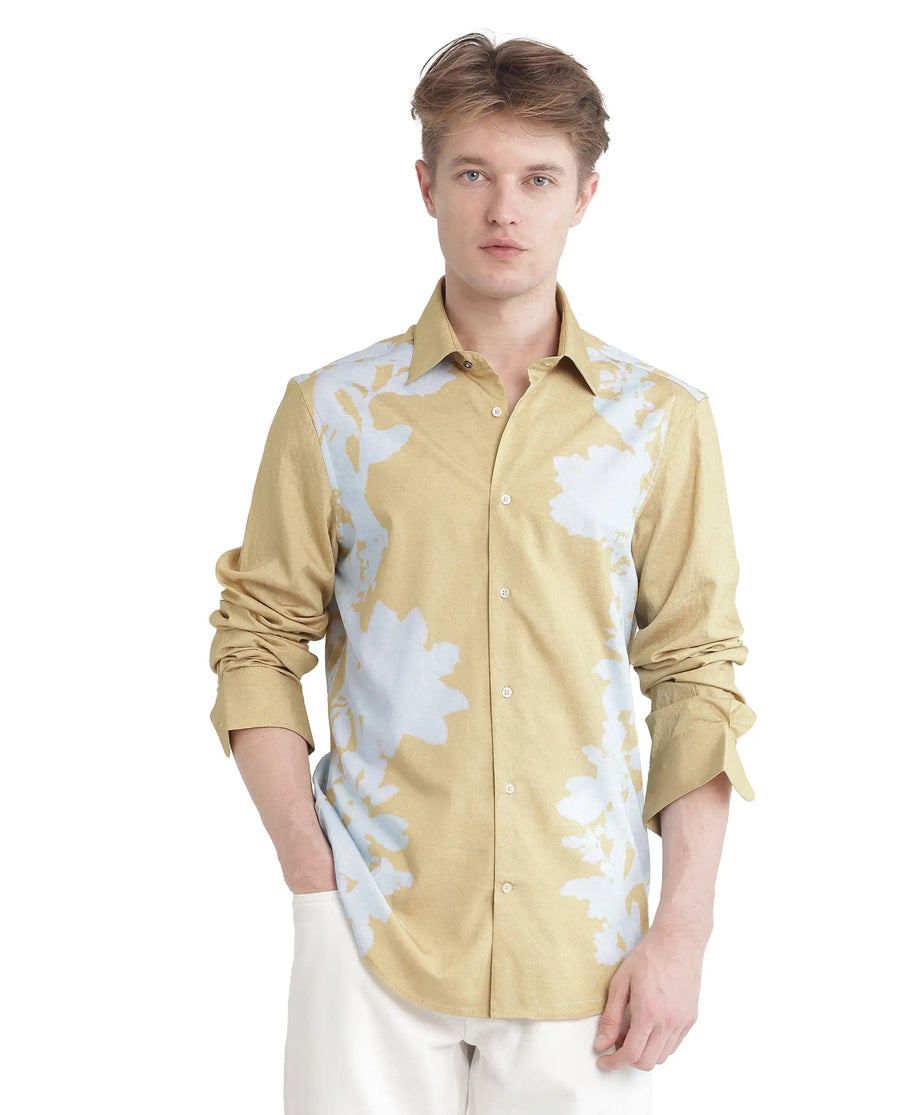 Rare Rabbit Men's Tobo Dusky Green Viscose Blend Floral Print Regular Fit Full Sleeve Collared Shirt
