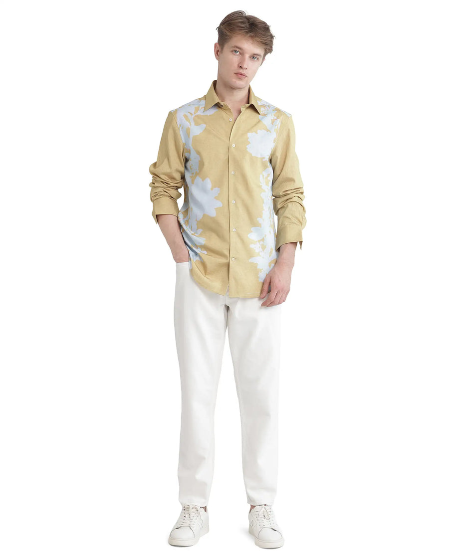 Rare Rabbit Men's Tobo Dusky Green Viscose Blend Floral Print Regular Fit Full Sleeve Collared Shirt