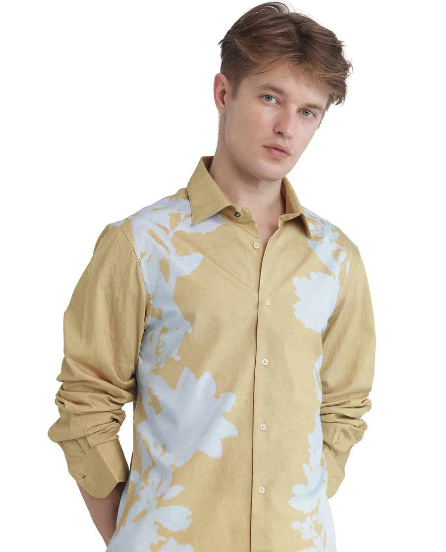 Rare Rabbit Men's Tobo Dusky Green Viscose Blend Floral Print Regular Fit Full Sleeve Collared Shirt
