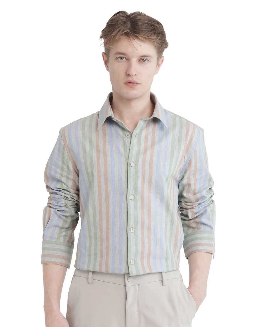 Rare Rabbit Men's Tock Grey Cotton Striped Print Regular Fit Full Sleeve Collared Shirt