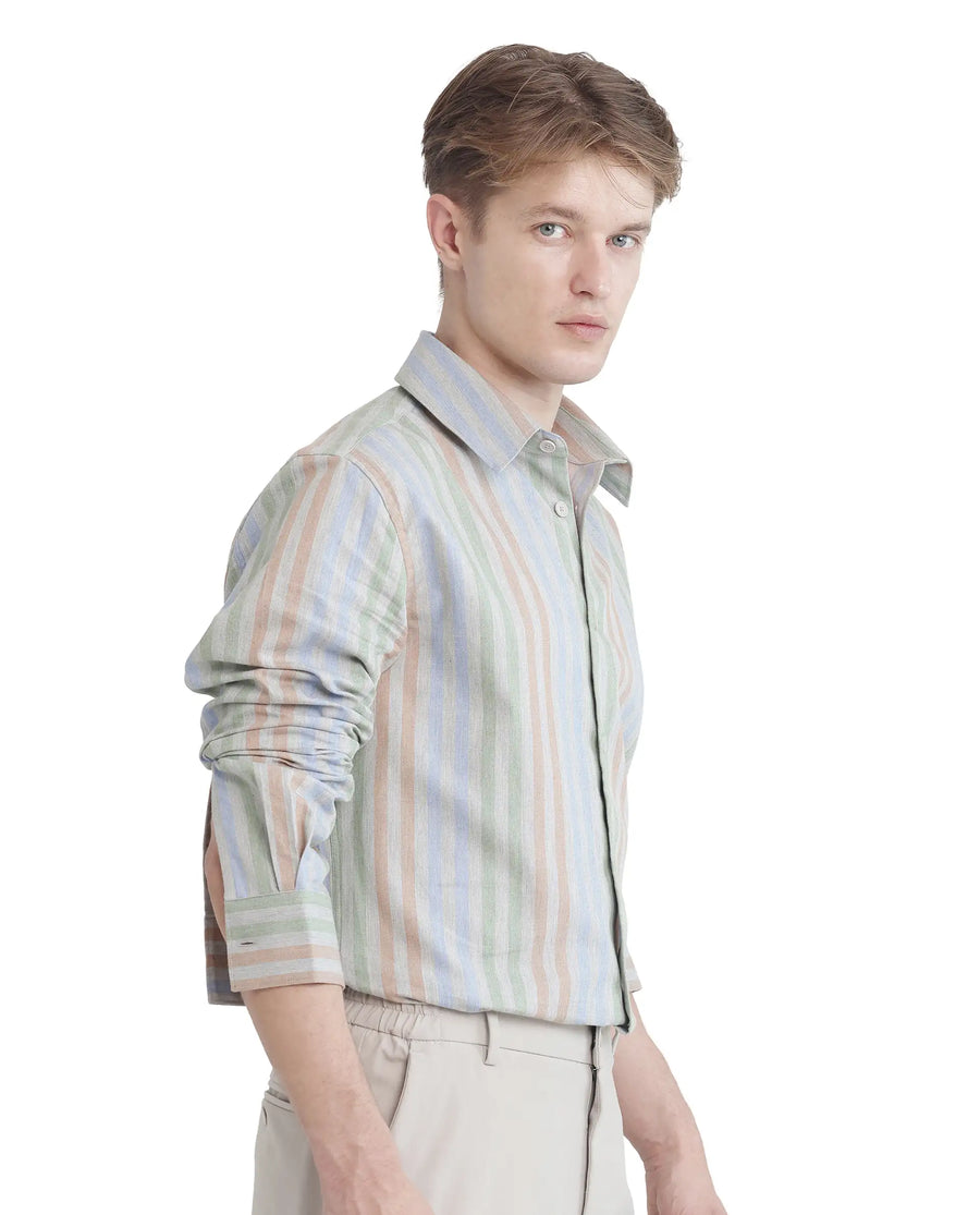 Rare Rabbit Men's Tock Grey Cotton Striped Print Regular Fit Full Sleeve Collared Shirt