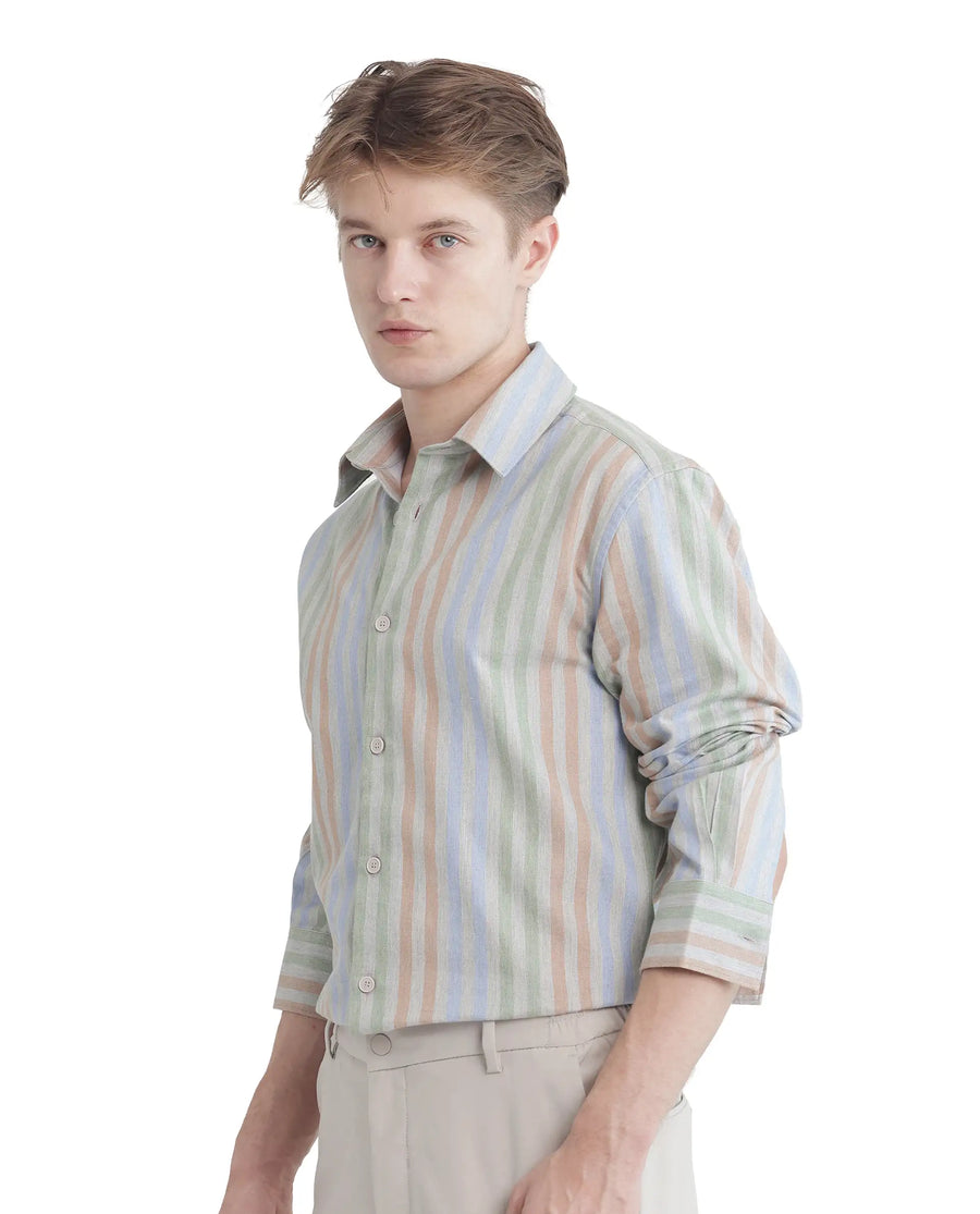 Rare Rabbit Men's Tock Grey Cotton Striped Print Regular Fit Full Sleeve Collared Shirt