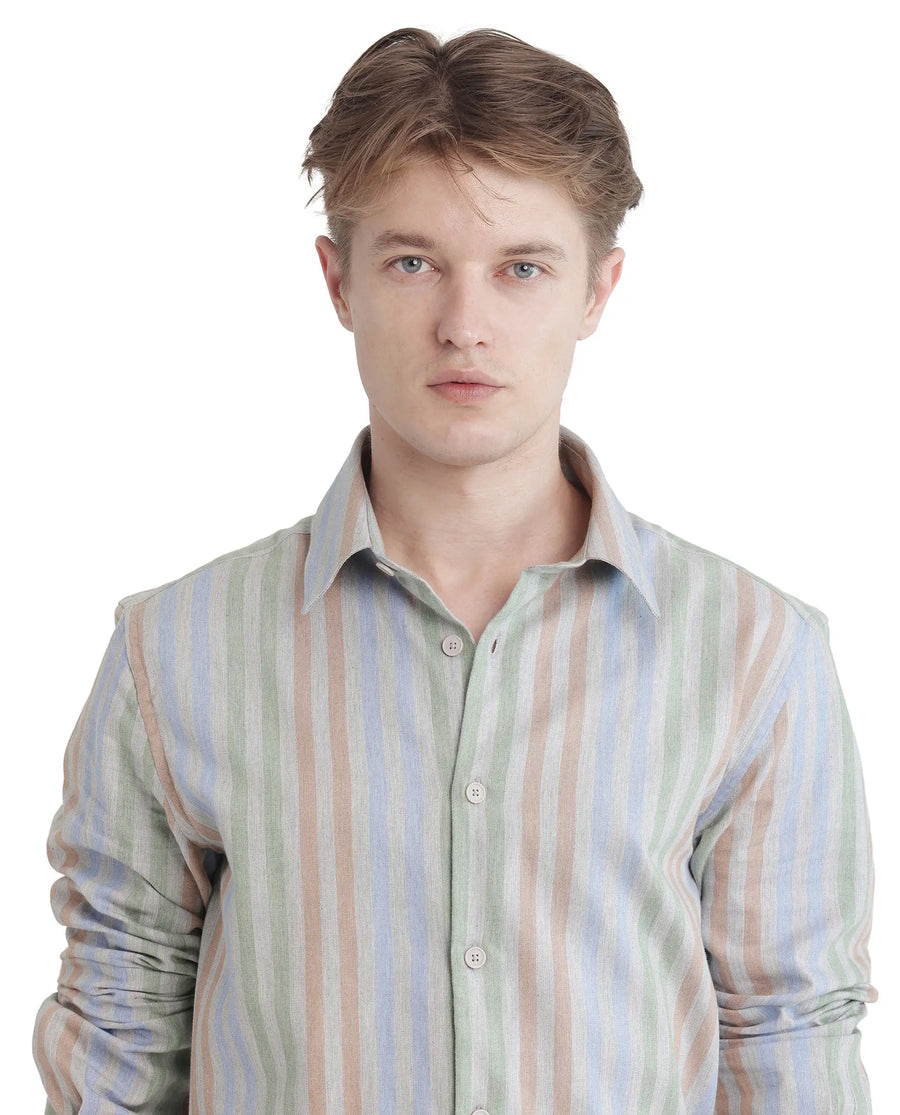 Rare Rabbit Men's Tock Grey Cotton Striped Print Regular Fit Full Sleeve Collared Shirt