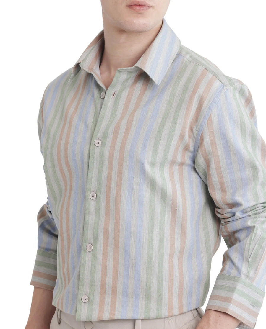 Rare Rabbit Men's Tock Grey Cotton Striped Print Regular Fit Full Sleeve Collared Shirt