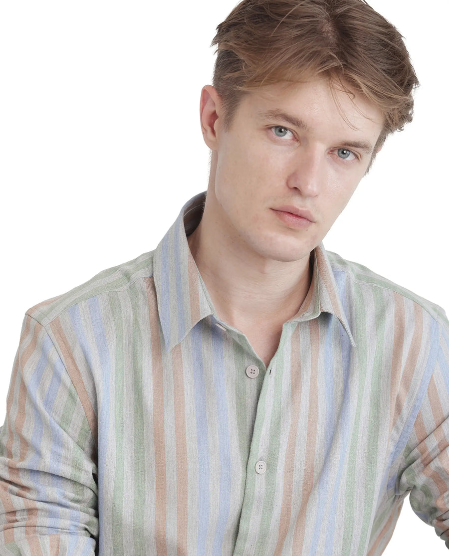 Rare Rabbit Men's Tock Grey Cotton Striped Print Regular Fit Full Sleeve Collared Shirt