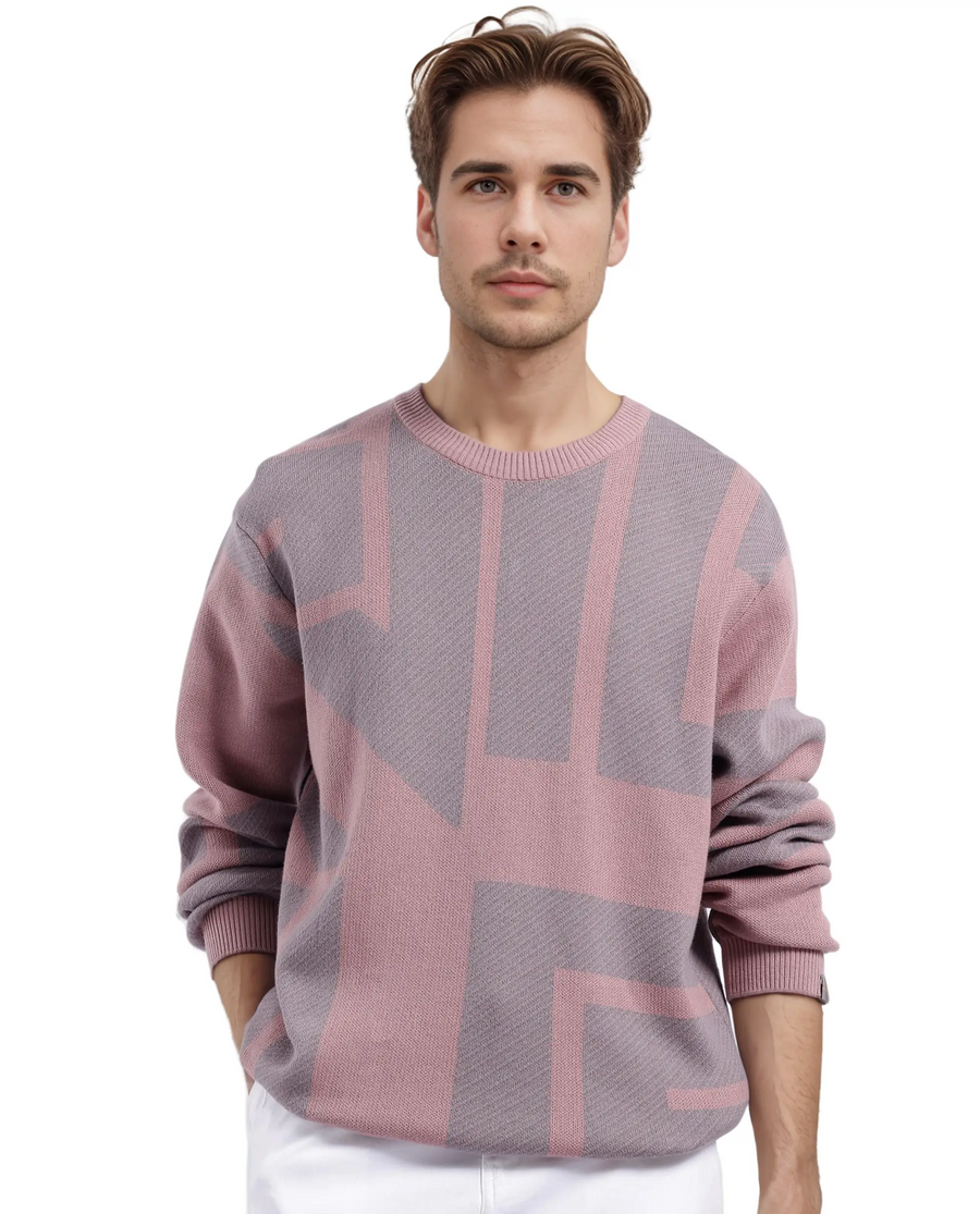 Rare Rabbit Men's Toge Pink Cotton Monogram Print Regular Fit Full Sleeve Crew Neck Sweater