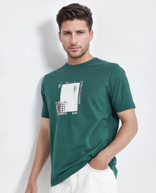 Rare Rabbit Men's Toid Dark Green Cotton Blend Graphic Print Regular Fit Half Sleeve Crew Neck T-Shirt