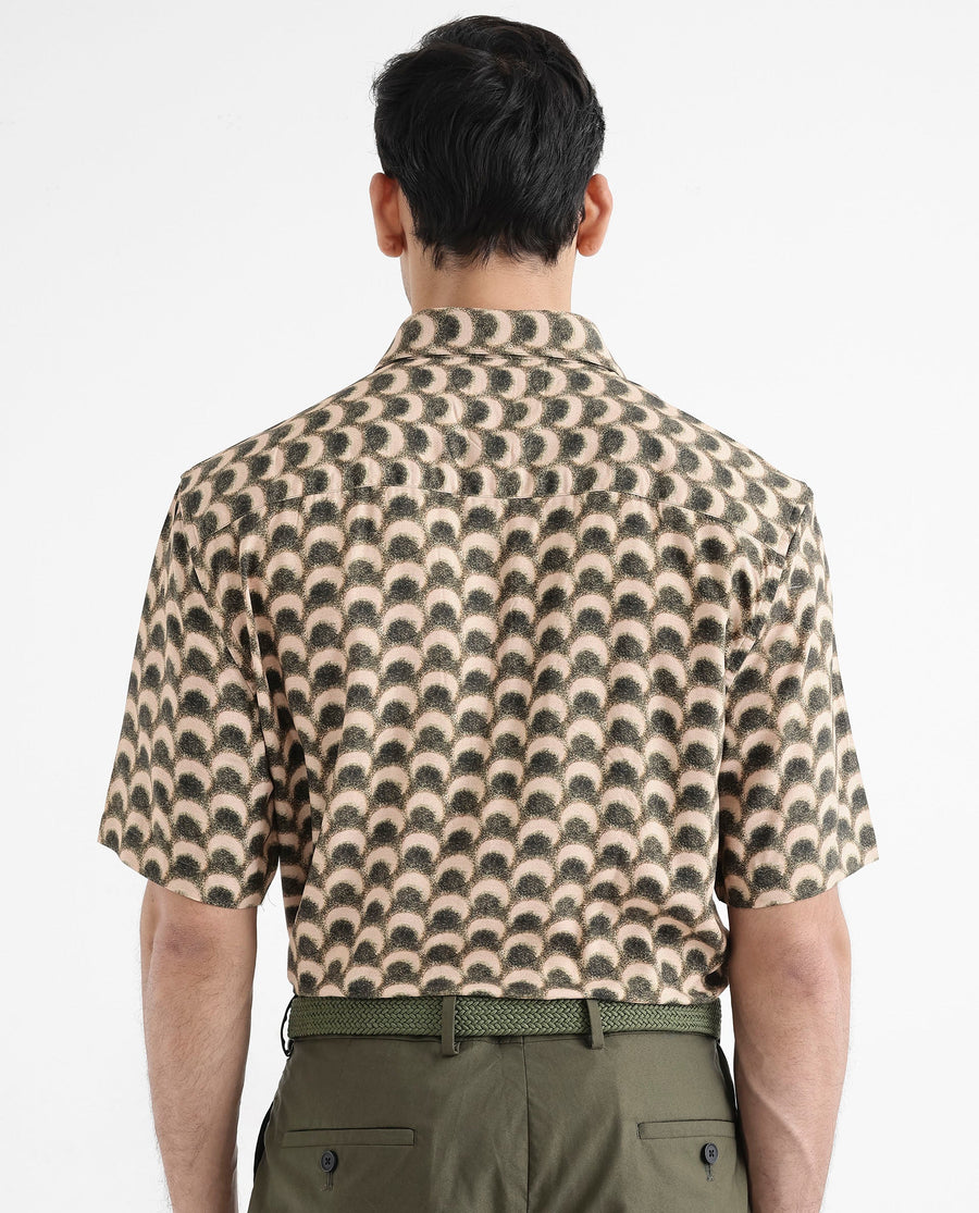 Rare Rabbit Men's Tokai Brown Viscose Geometric Print Regular Fit Half Sleeve Collared Shirt