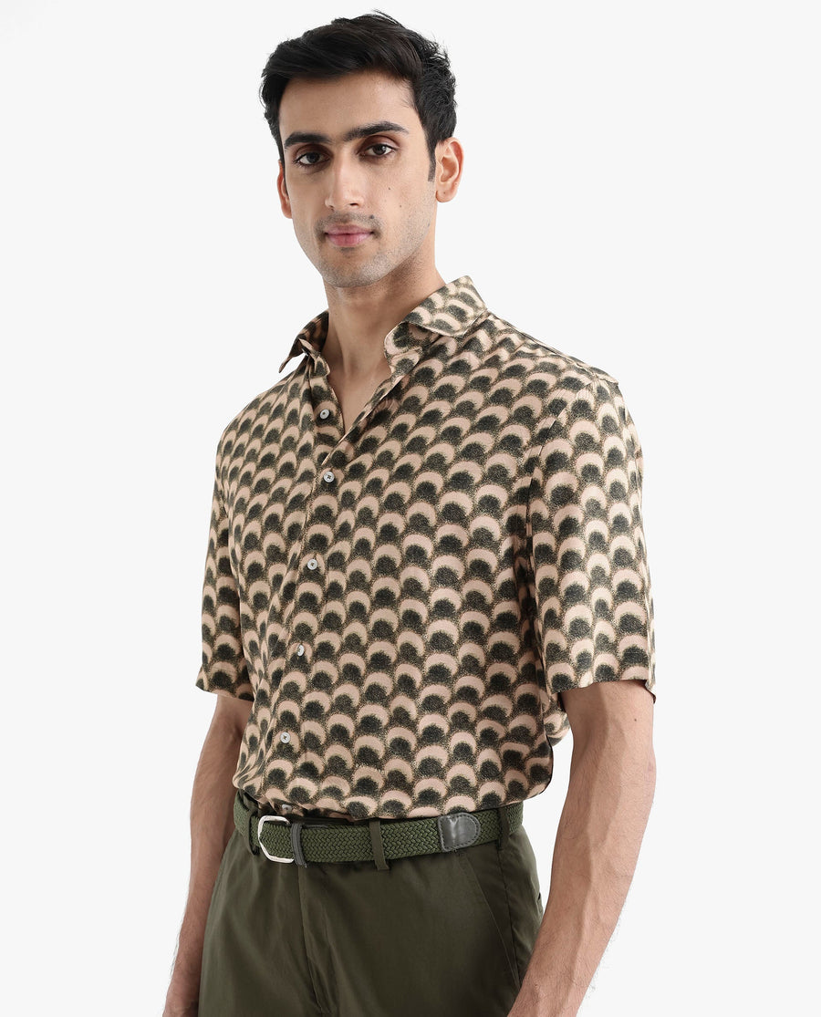 Rare Rabbit Men's Tokai Brown Viscose Geometric Print Regular Fit Half Sleeve Collared Shirt