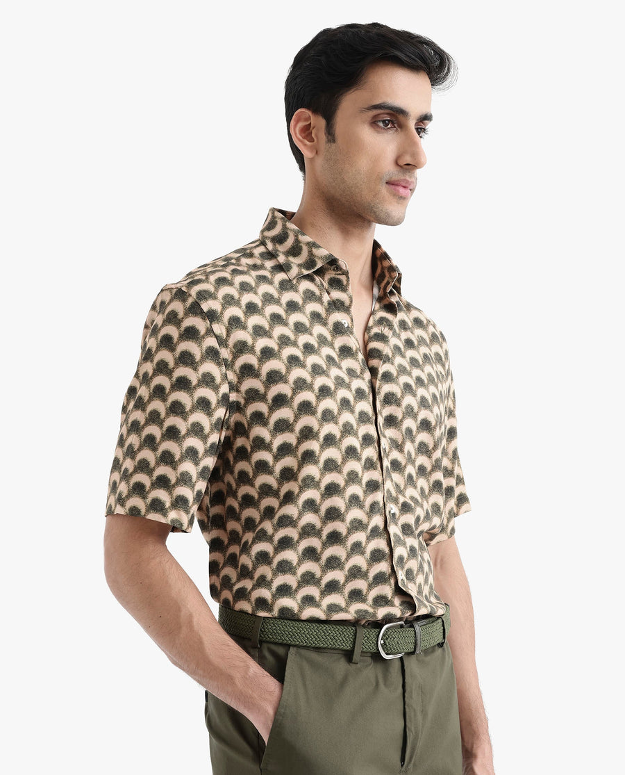 Rare Rabbit Men's Tokai Brown Viscose Geometric Print Regular Fit Half Sleeve Collared Shirt