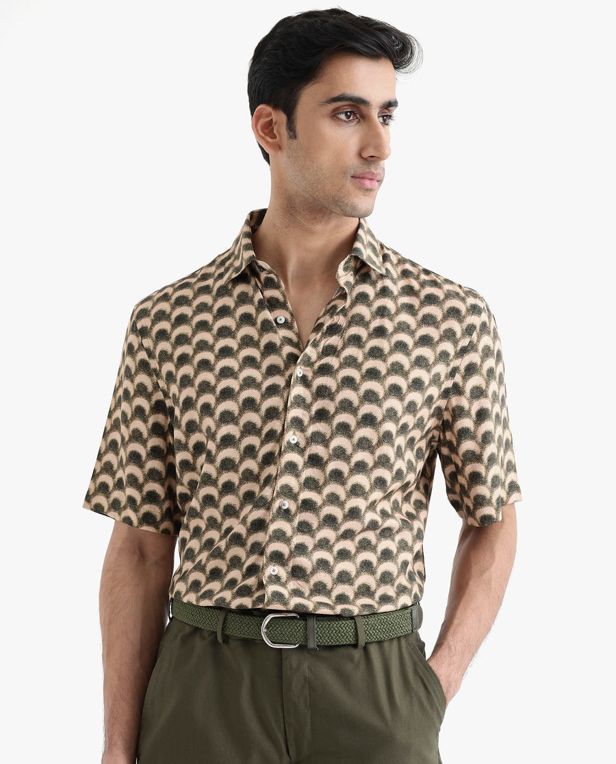 Rare Rabbit Men's Tokai Brown Viscose Geometric Print Regular Fit Half Sleeve Collared Shirt