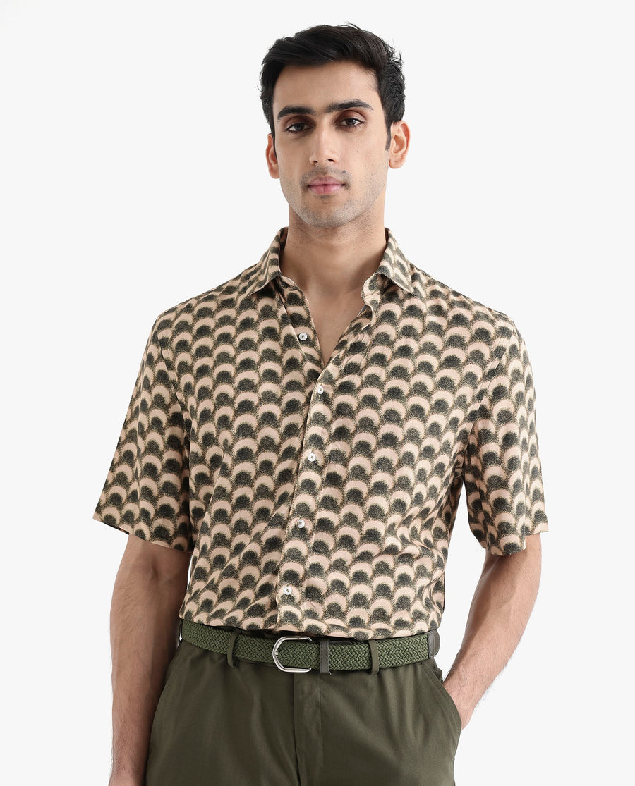 Rare Rabbit Men's Tokai Brown Viscose Geometric Print Regular Fit Half Sleeve Collared Shirt
