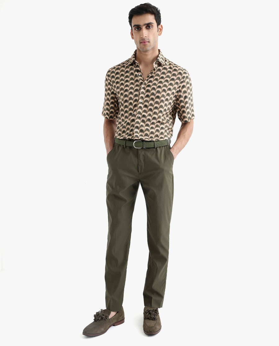 Rare Rabbit Men's Tokai Brown Viscose Geometric Print Regular Fit Half Sleeve Collared Shirt