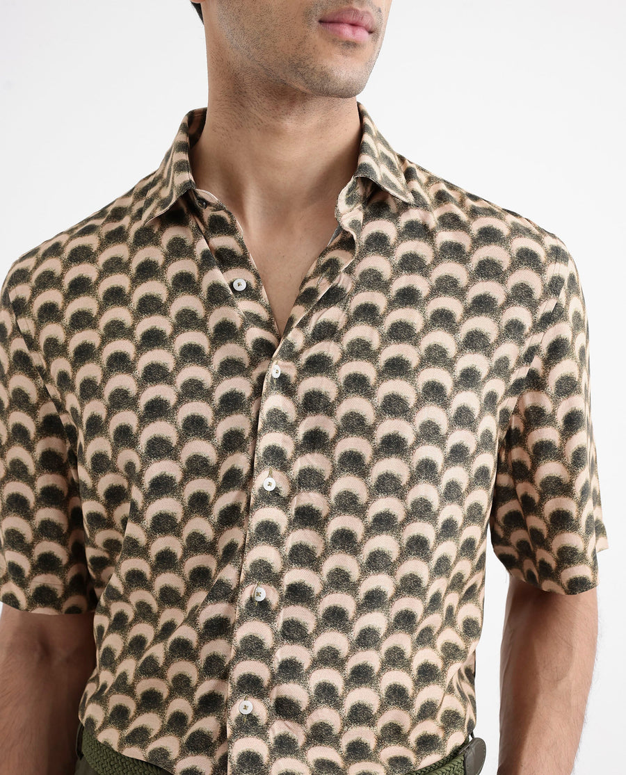Rare Rabbit Men's Tokai Brown Viscose Geometric Print Regular Fit Half Sleeve Collared Shirt
