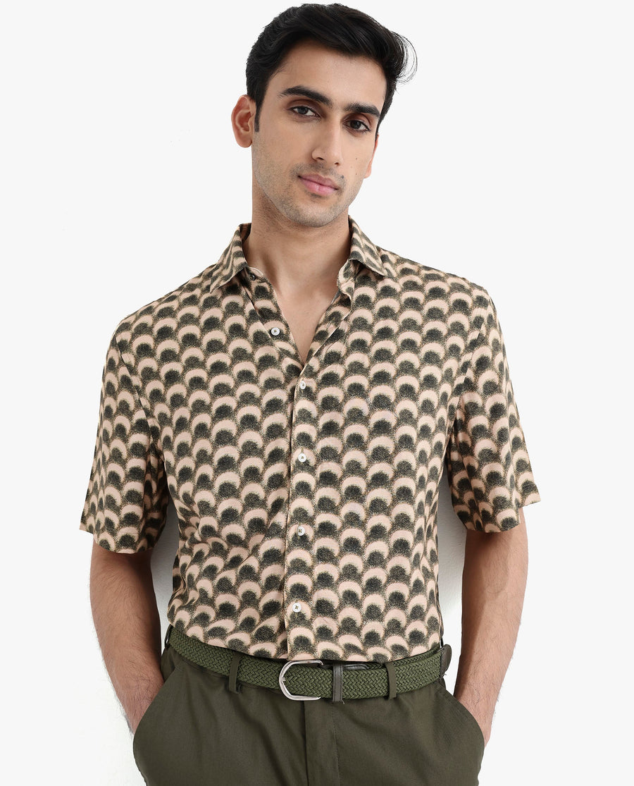 Rare Rabbit Men's Tokai Brown Viscose Geometric Print Regular Fit Half Sleeve Collared Shirt