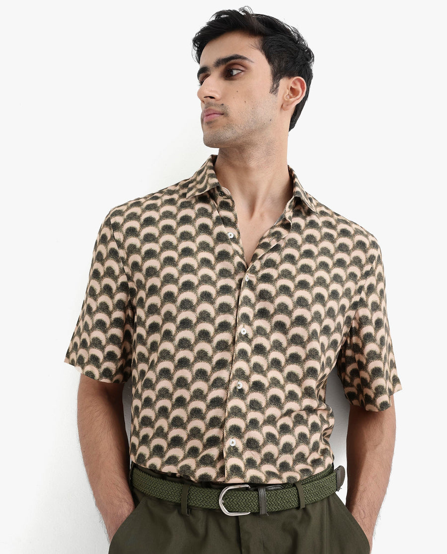 Rare Rabbit Men's Tokai Brown Viscose Geometric Print Regular Fit Half Sleeve Collared Shirt