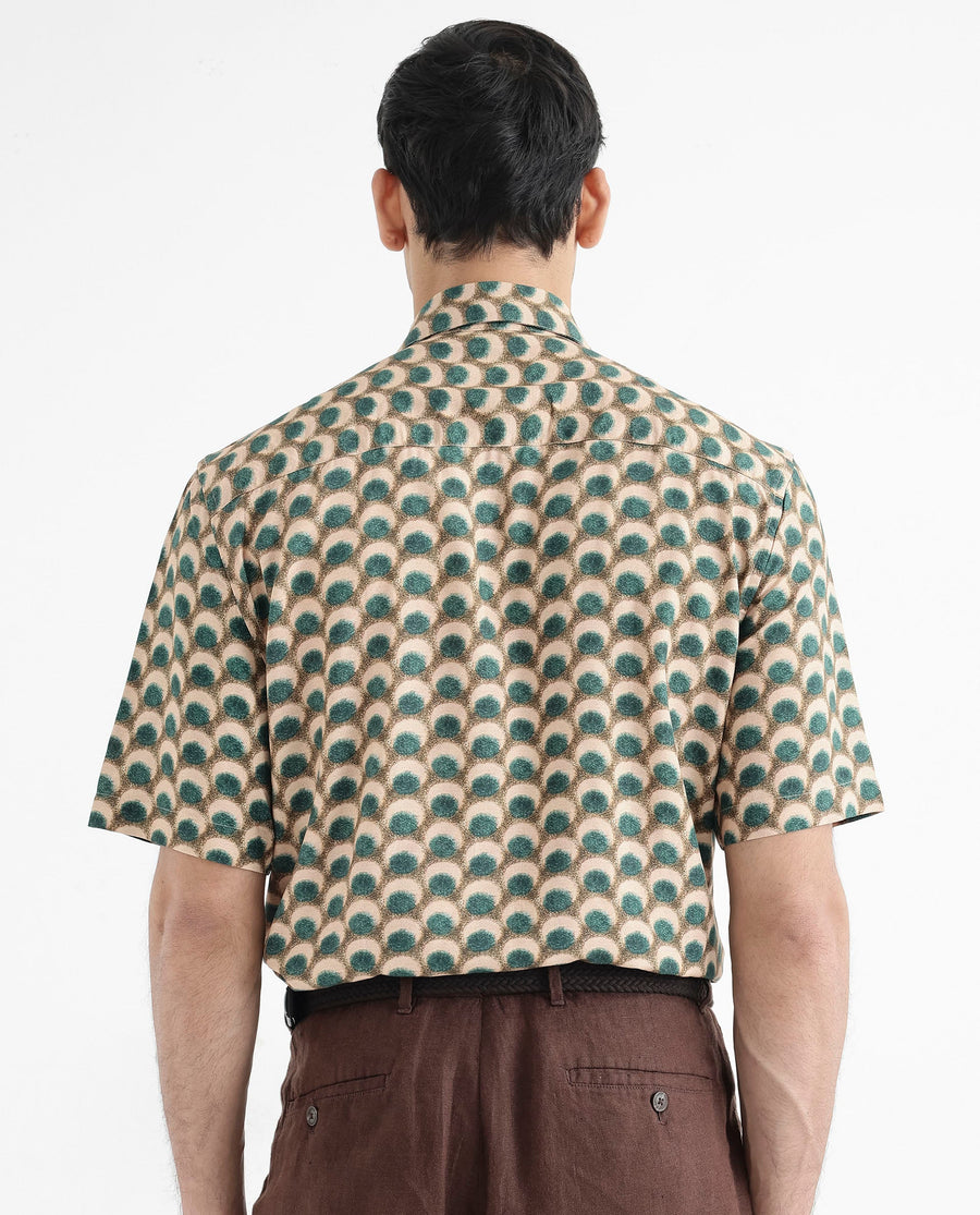 Rare Rabbit Men's Tokai Olive Viscose Geometric Print Regular Fit Half Sleeve Collared Shirt