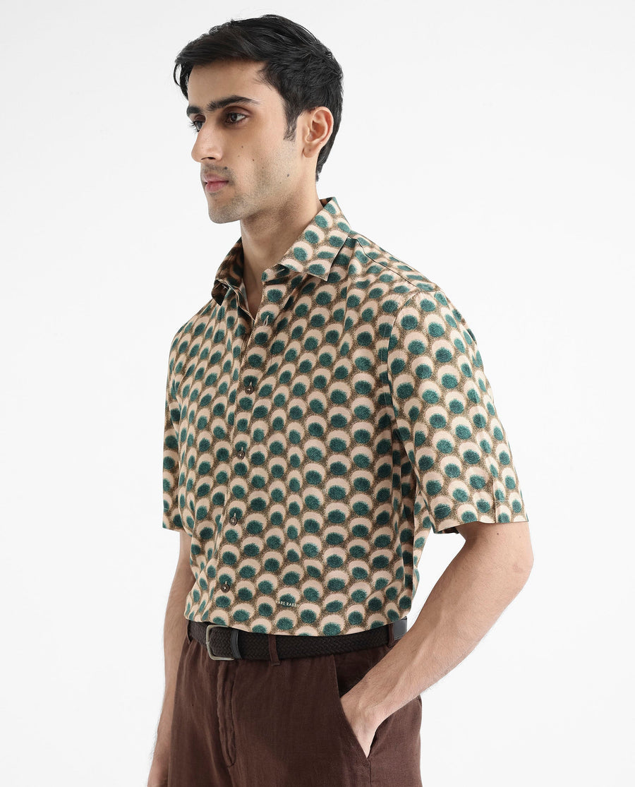 Rare Rabbit Men's Tokai Olive Viscose Geometric Print Regular Fit Half Sleeve Collared Shirt