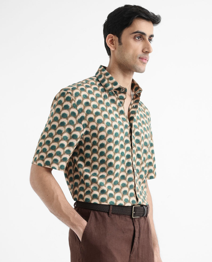 Rare Rabbit Men's Tokai Olive Viscose Geometric Print Regular Fit Half Sleeve Collared Shirt