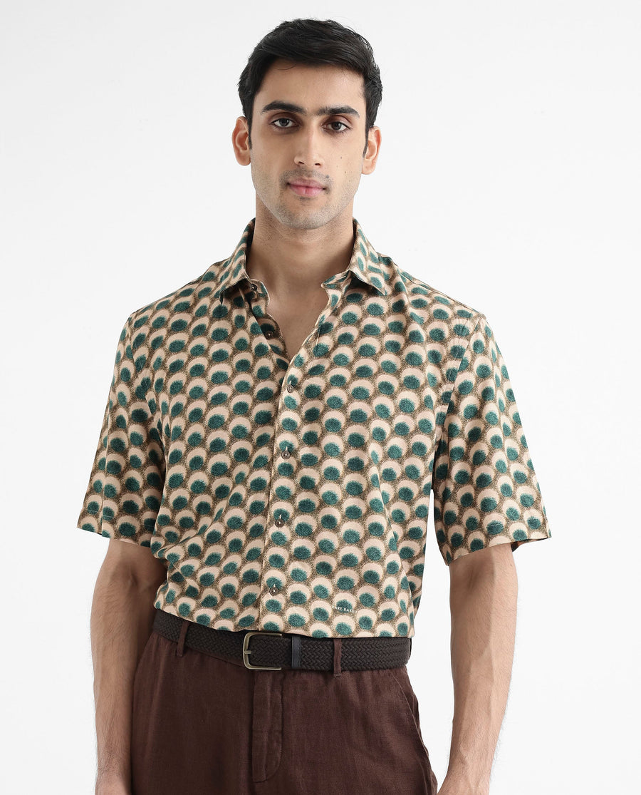 Rare Rabbit Men's Tokai Olive Viscose Geometric Print Regular Fit Half Sleeve Collared Shirt