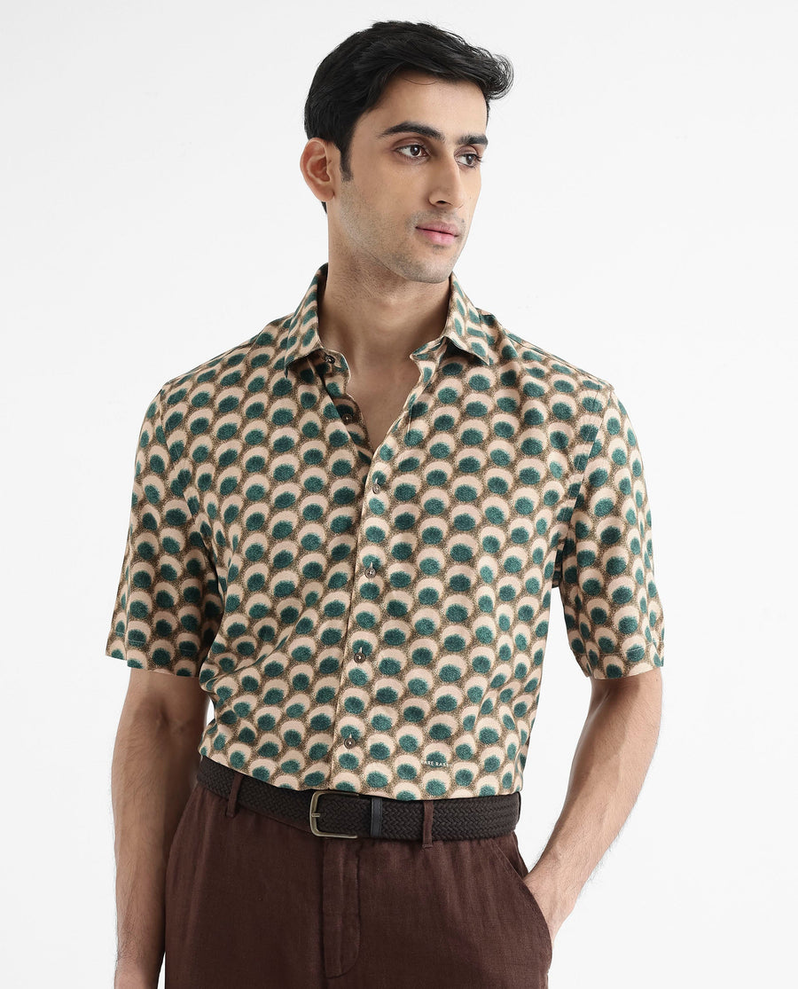 Rare Rabbit Men's Tokai Olive Viscose Geometric Print Regular Fit Half Sleeve Collared Shirt