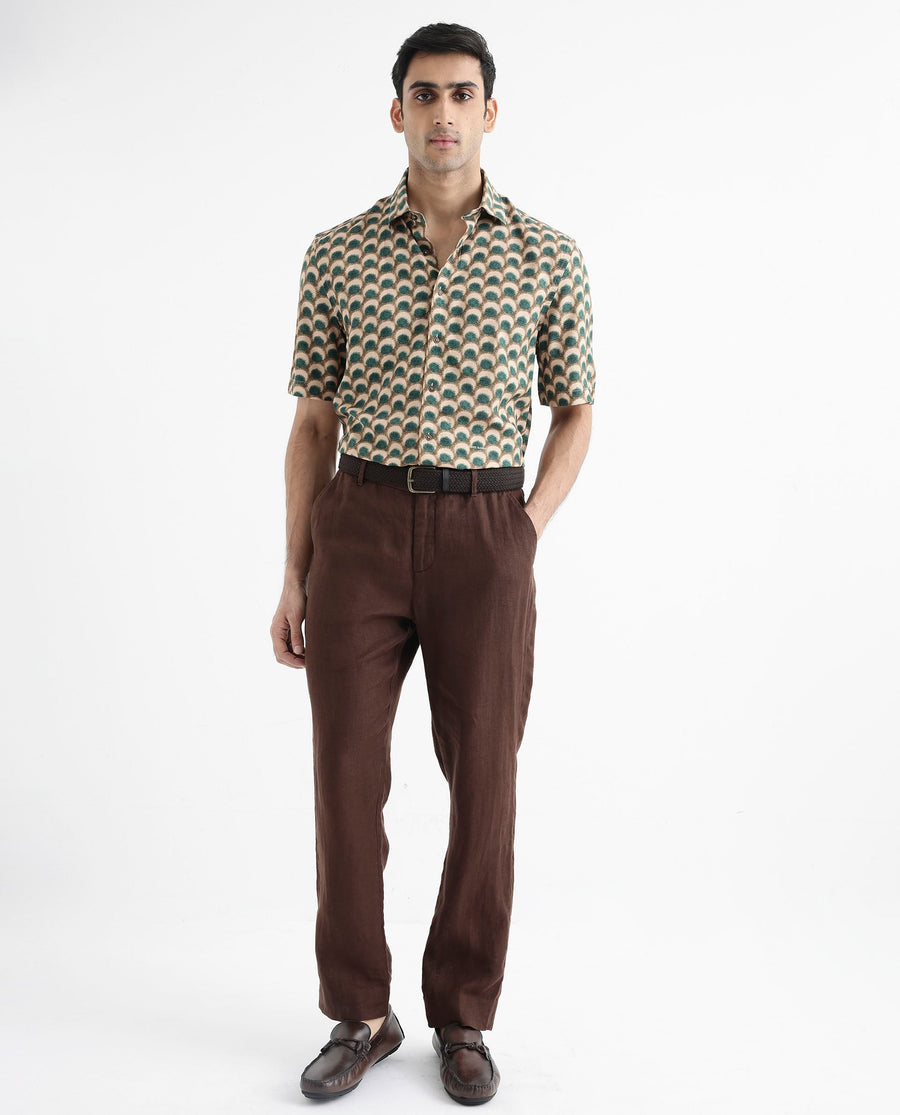 Rare Rabbit Men's Tokai Olive Viscose Geometric Print Regular Fit Half Sleeve Collared Shirt