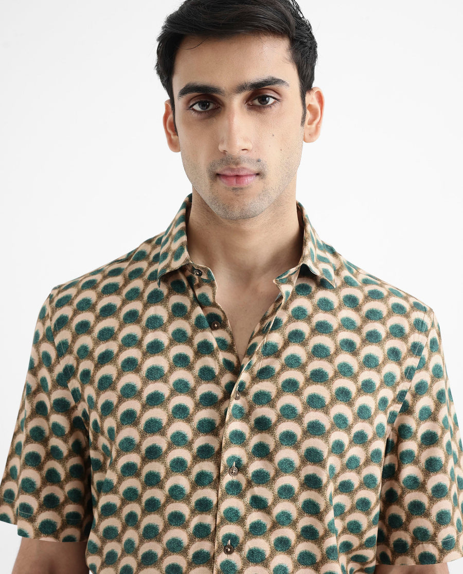 Rare Rabbit Men's Tokai Olive Viscose Geometric Print Regular Fit Half Sleeve Collared Shirt