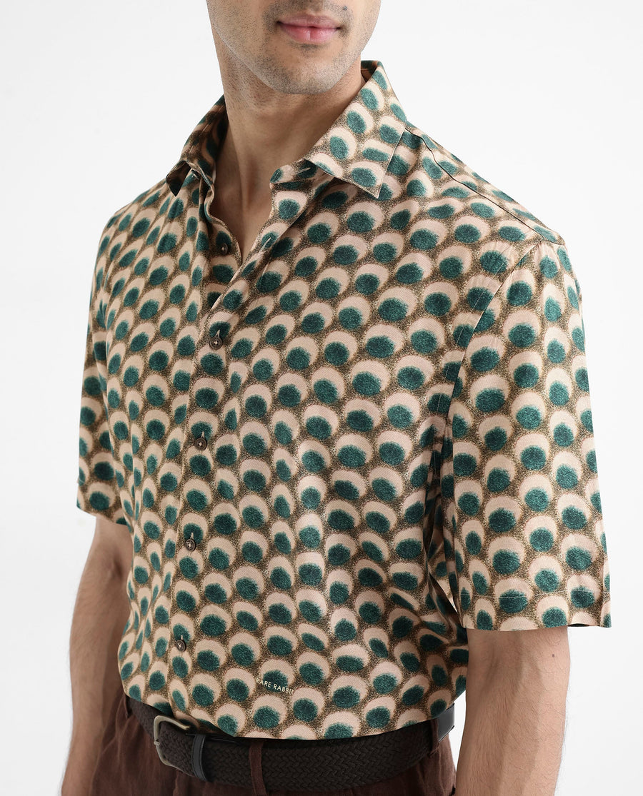Rare Rabbit Men's Tokai Olive Viscose Geometric Print Regular Fit Half Sleeve Collared Shirt