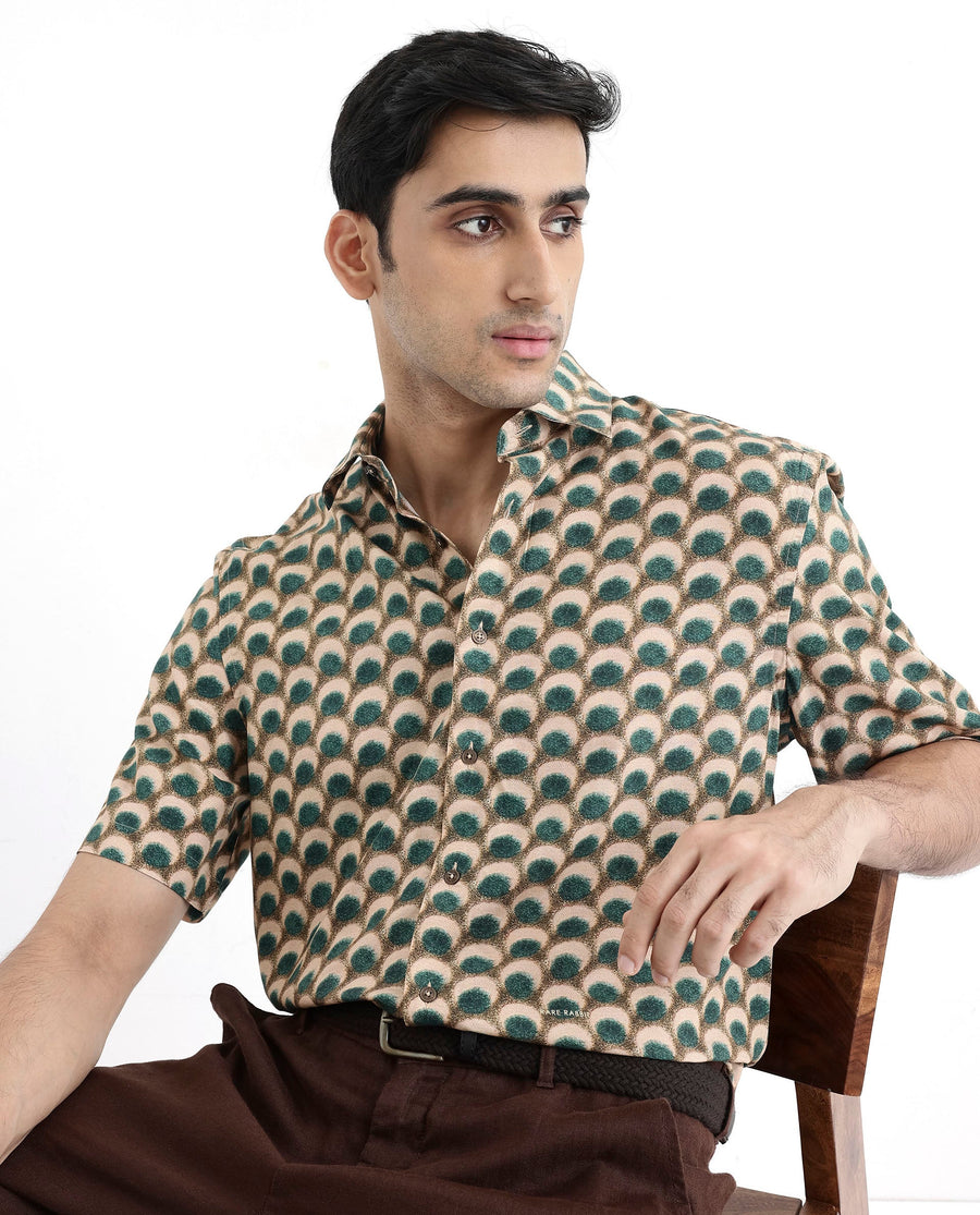 Rare Rabbit Men's Tokai Olive Viscose Geometric Print Regular Fit Half Sleeve Collared Shirt