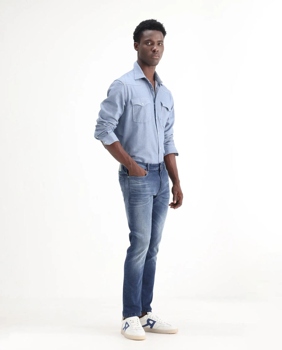 Rare Rabbit Men's Toke Blue Cotton Plain Hawk Slim Fit Jeans