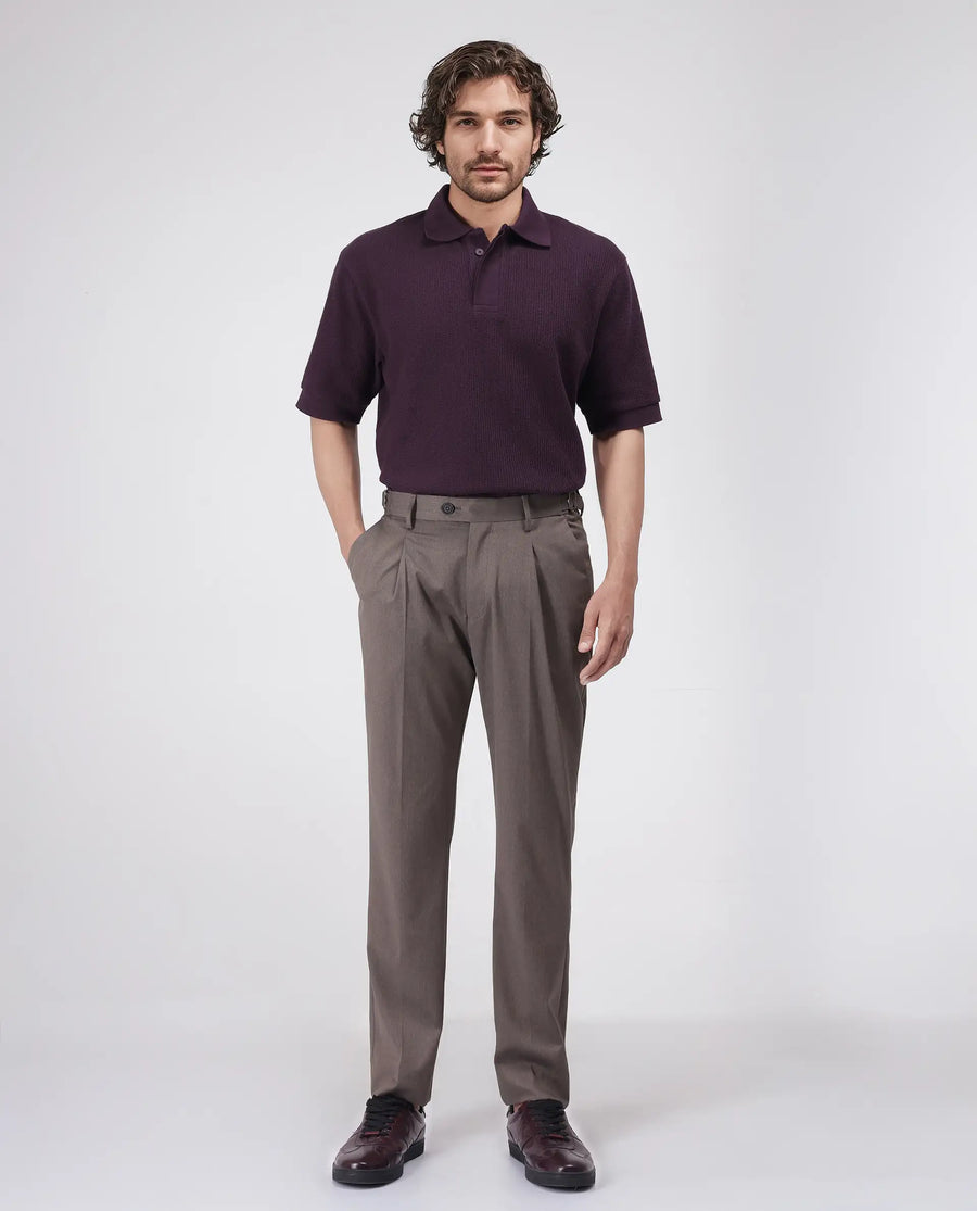 Rare Rabbit Men's Tom Dark Purple Cotton Textured Oversized Fit Half Sleeve Polo