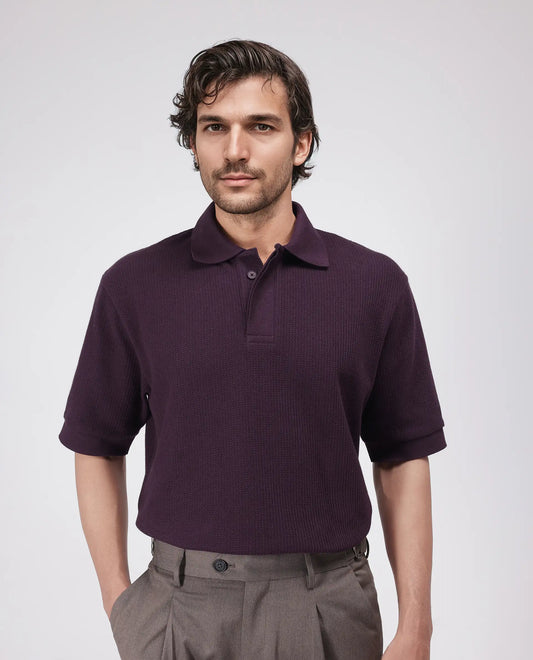 Rare Rabbit Men's Tom Dark Purple Cotton Textured Oversized Fit Half Sleeve Polo