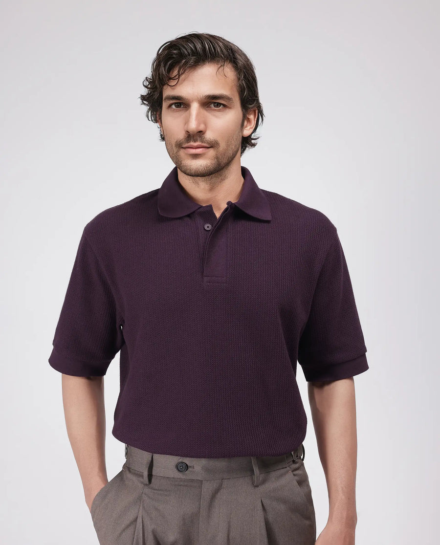 Rare Rabbit Men's Tom Dark Purple Cotton Textured Oversized Fit Half Sleeve Polo