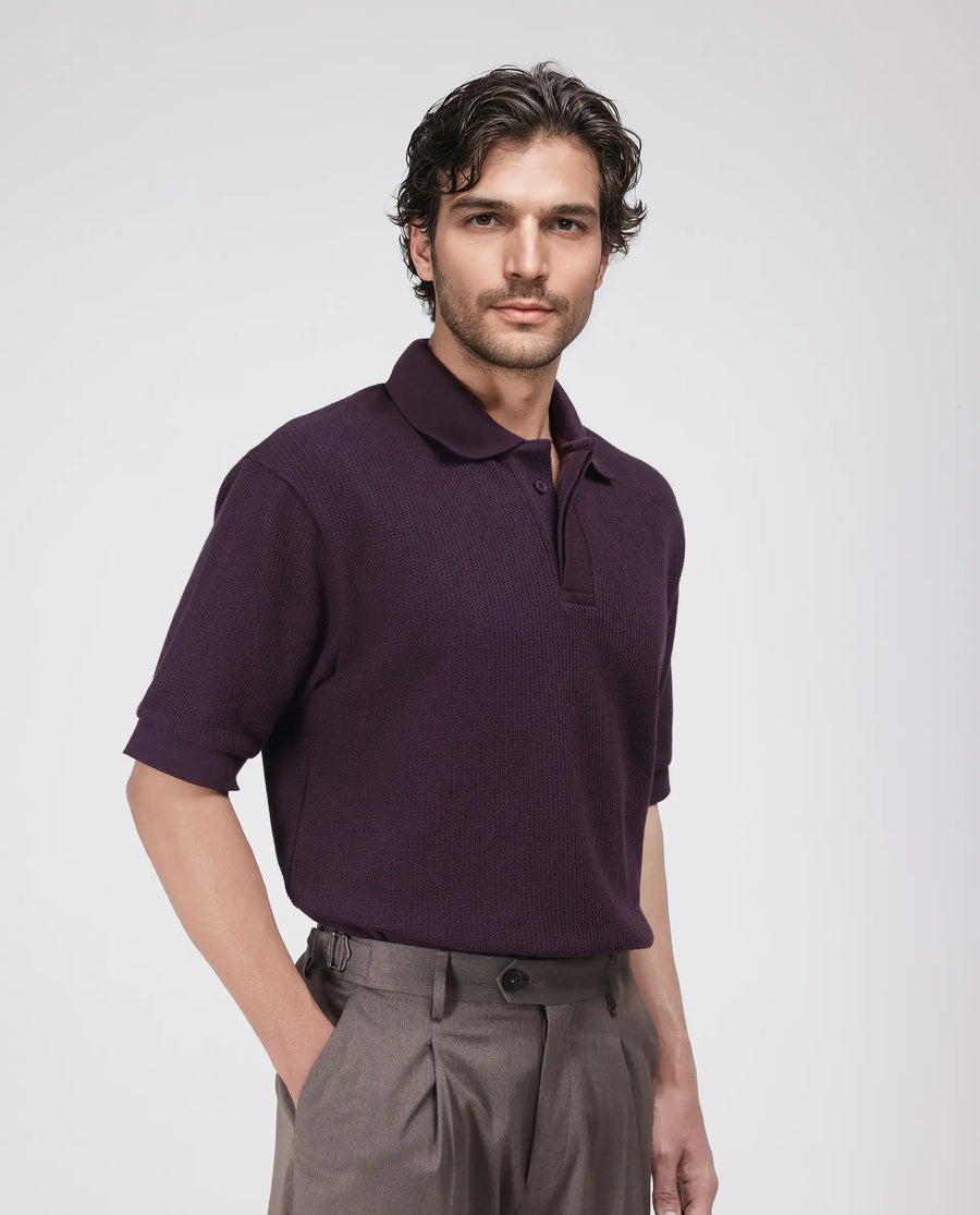 Rare Rabbit Men's Tom Dark Purple Cotton Textured Oversized Fit Half Sleeve Polo