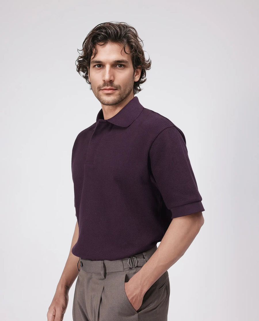 Rare Rabbit Men's Tom Dark Purple Cotton Textured Oversized Fit Half Sleeve Polo