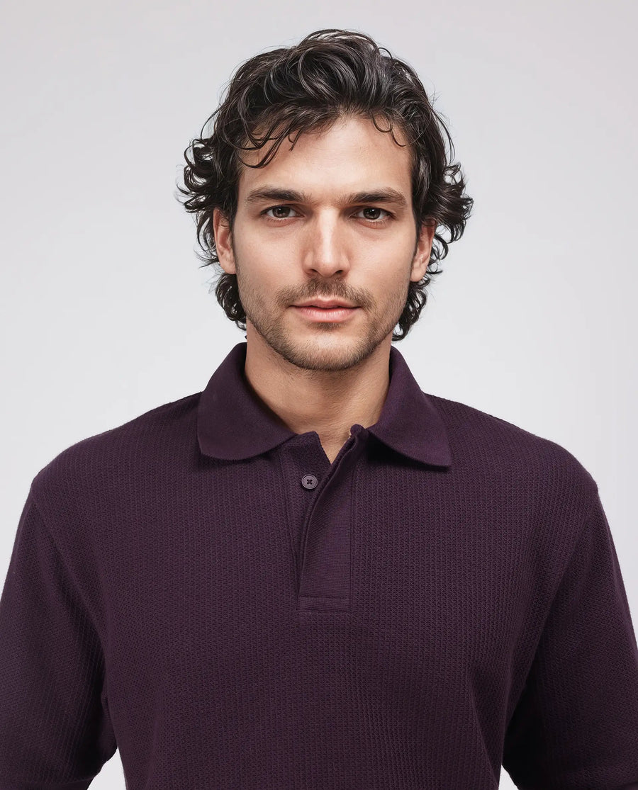 Rare Rabbit Men's Tom Dark Purple Cotton Textured Oversized Fit Half Sleeve Polo